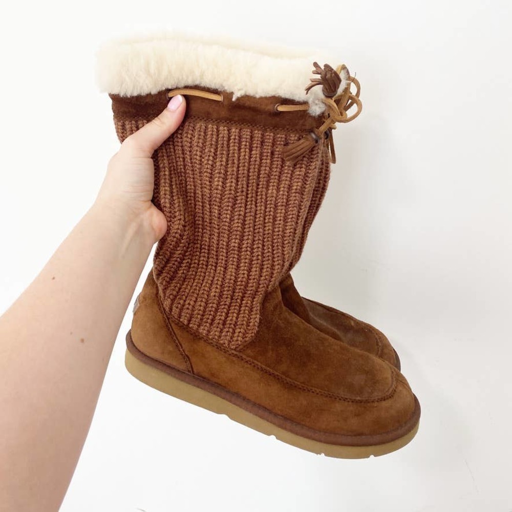 UGG Chestnut Brown Knit & Suede Shearling-Trim Winter Boots
